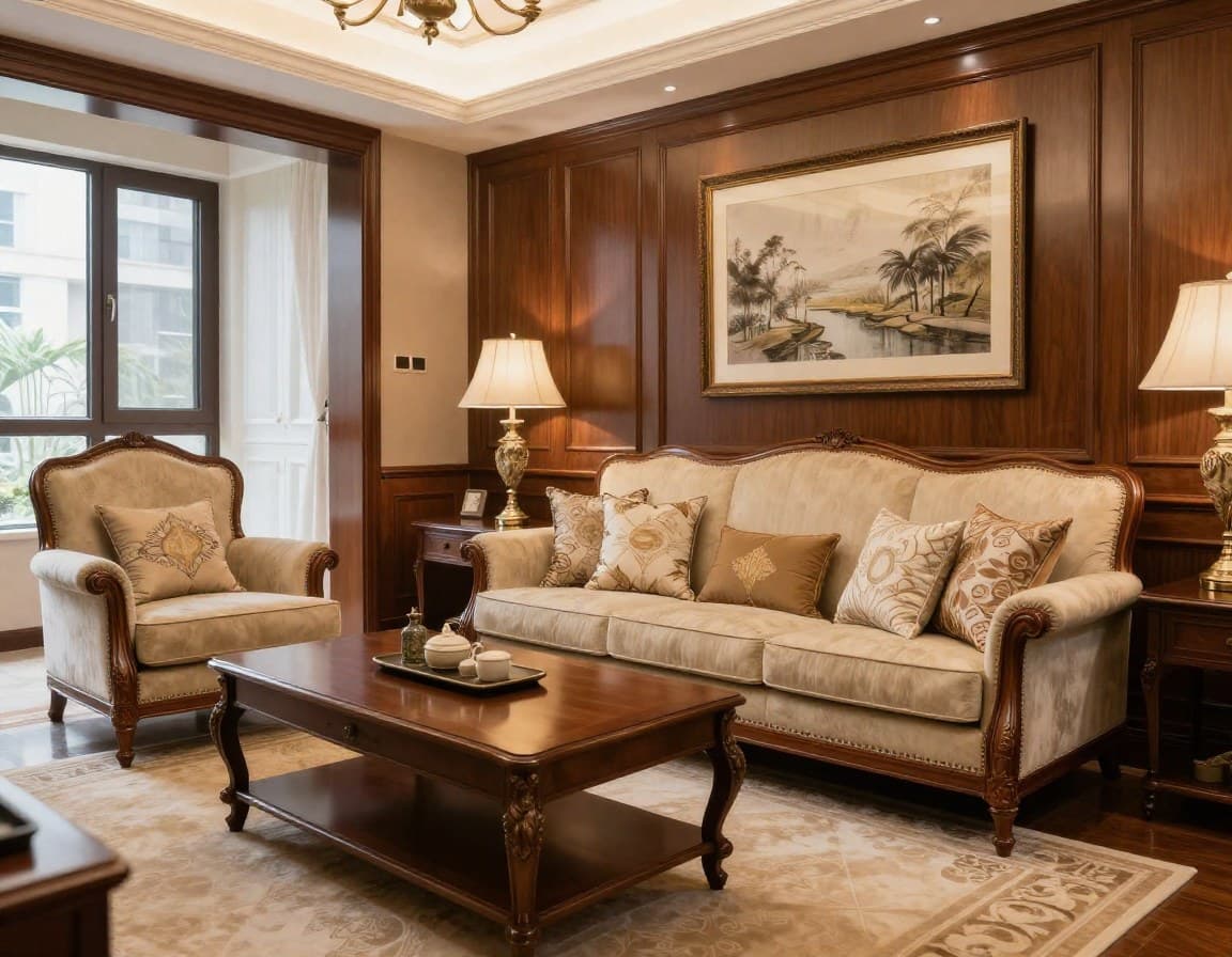 Wohnzimmer virtuell möbliert im klassischen Stil mit Holzmöbeln und warmen Farbtönen