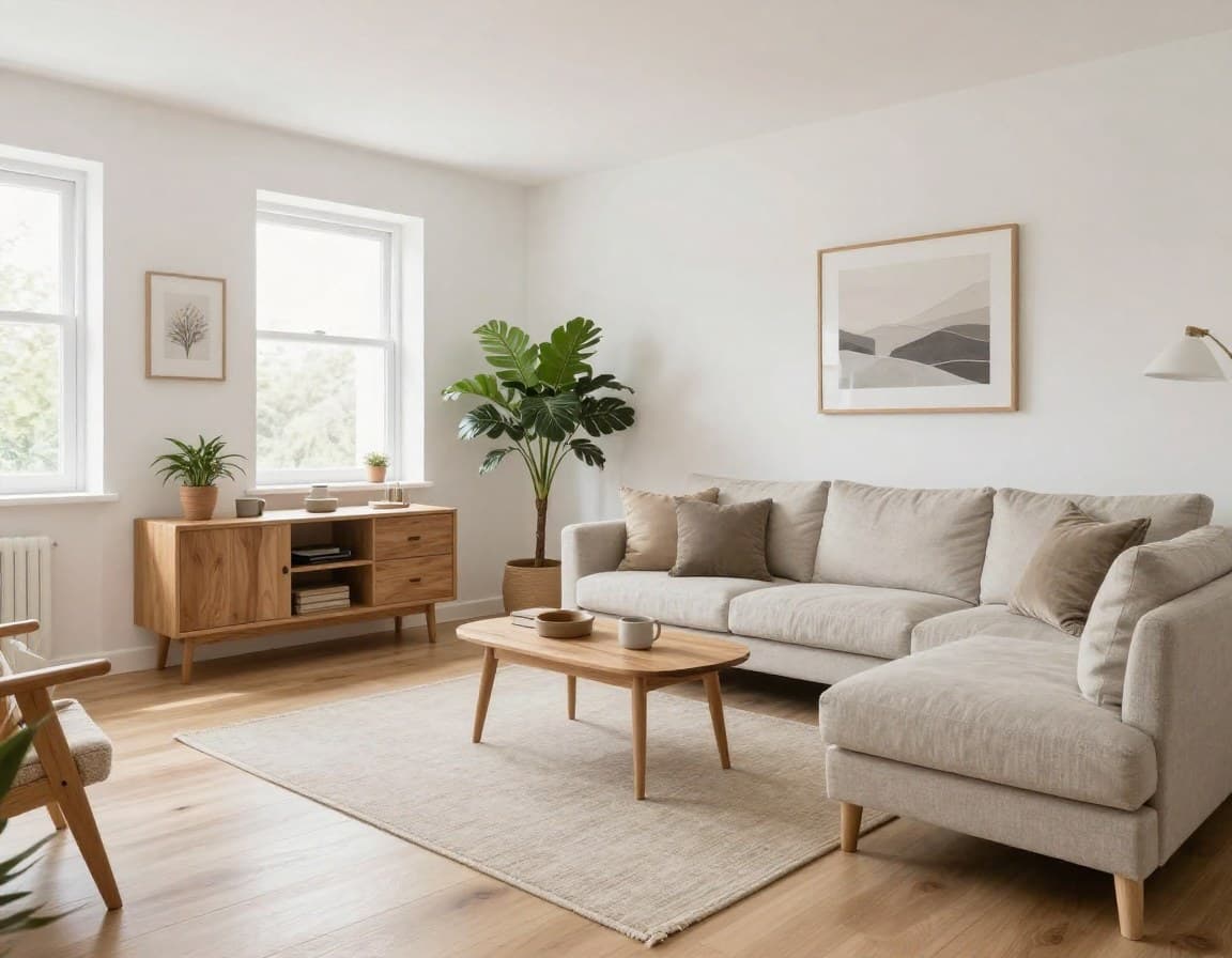 Wohnzimmer virtuell möbliert im skandinavischen Stil mit hellen Hölzern und weichen Textilien