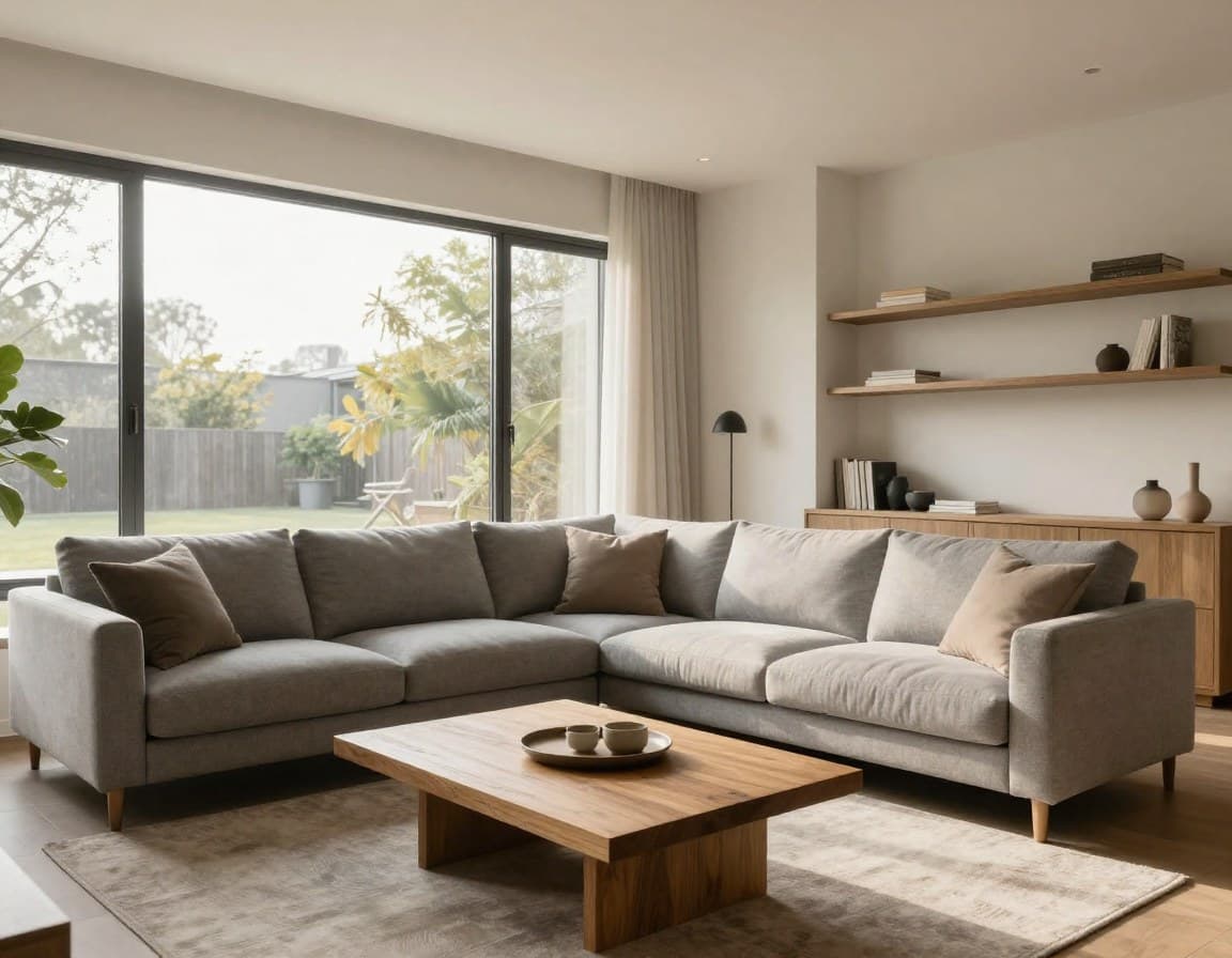 Wohnzimmer virtuell möbliert im modernen Stil mit klaren Linien und neutralen Farben