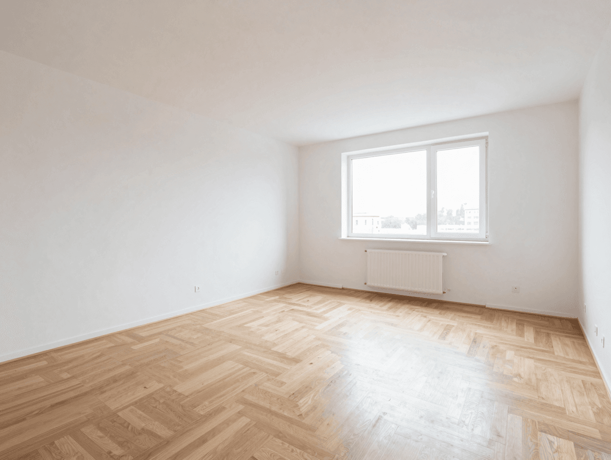 Leeres Wohnzimmer einer Wohnung mit weißen Wänden und Parkettboden, ohne Möbel
