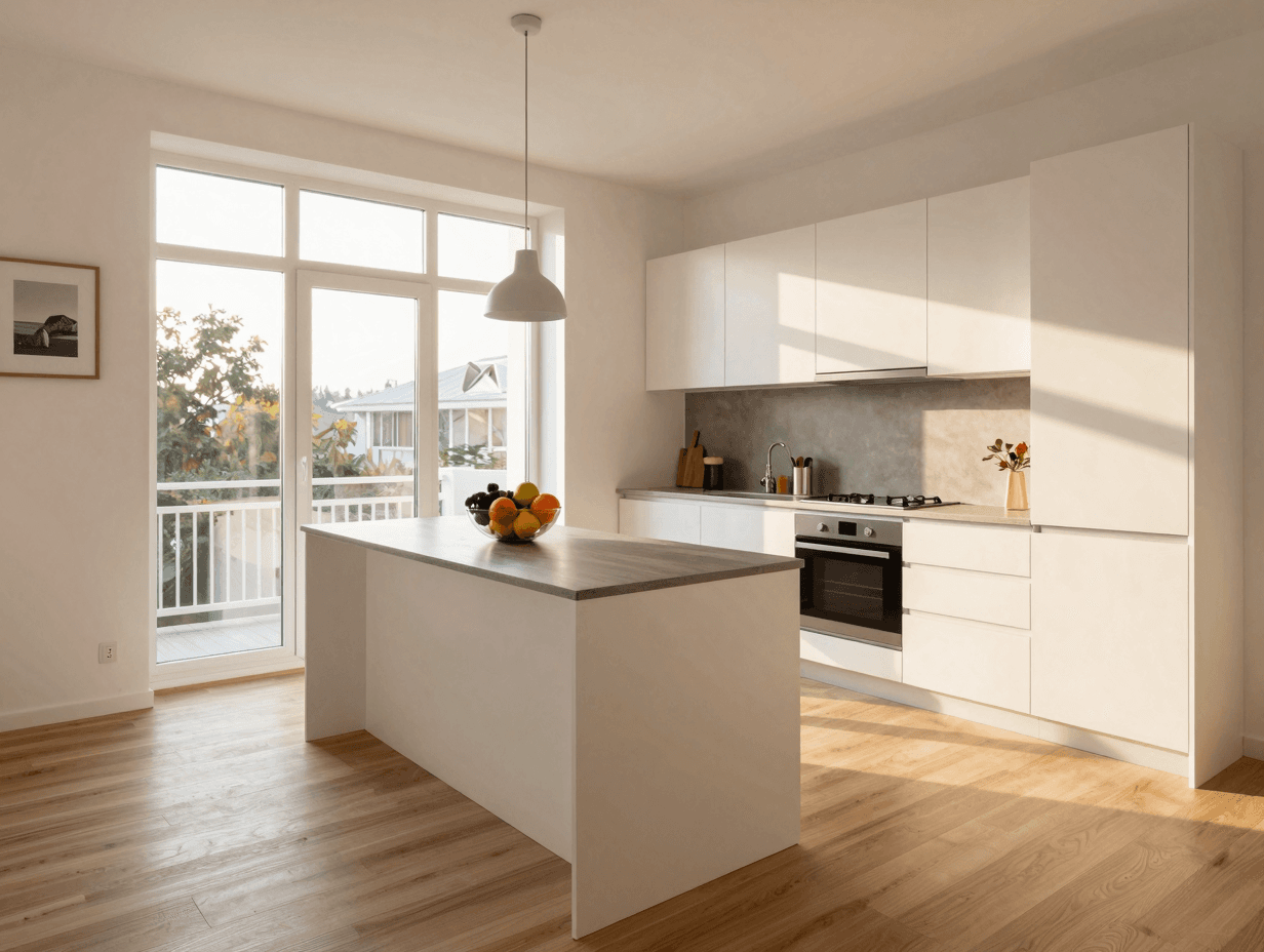 Gutes Wohnungsfoto: hell, gerade, weitwinkelig, Tageslicht, professionelle Komposition