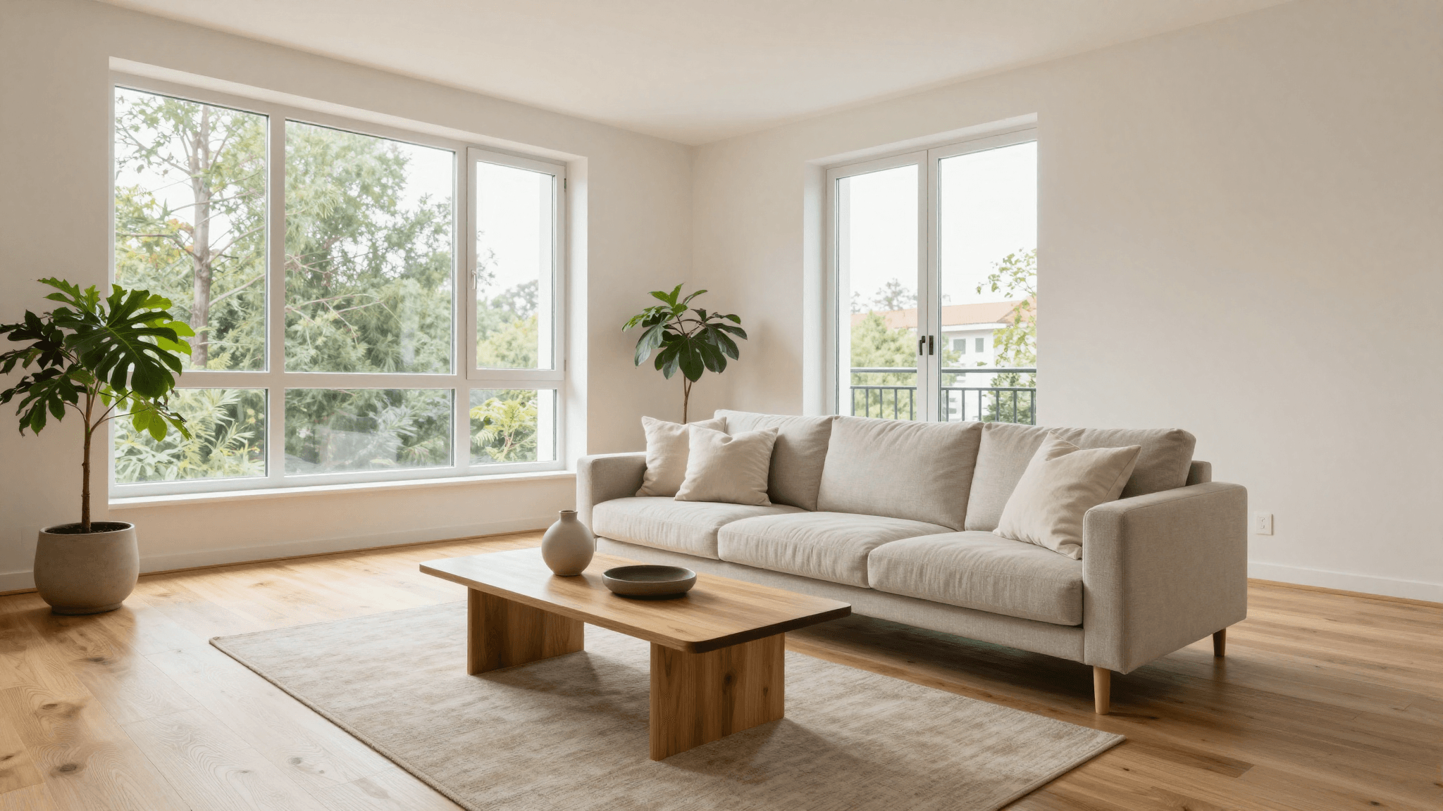 Professionelles Wohnungsfoto eines hellen Wohnzimmers mit großen Fenstern, Tageslicht und tasteful Einrichtung