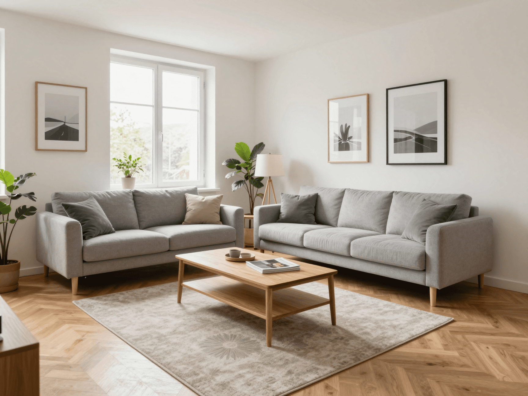 Dasselbe Wohnzimmer virtuell eingerichtet mit modernem Sofa, Couchtisch und Pflanzen