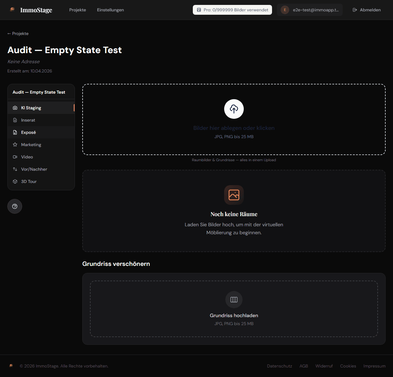 ImmoStage Dashboard — Projekt-Übersicht mit Teilen-Button in der Seitenleiste