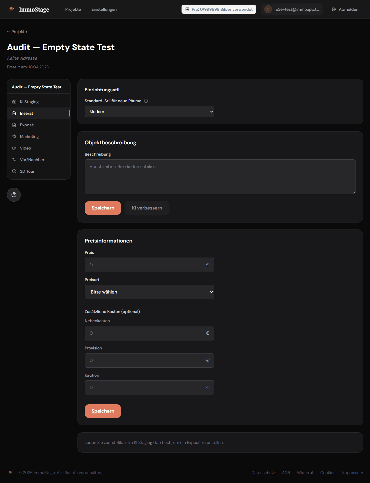 ImmoStage Inserat-Editor mit automatisch generiertem Beschreibungstext