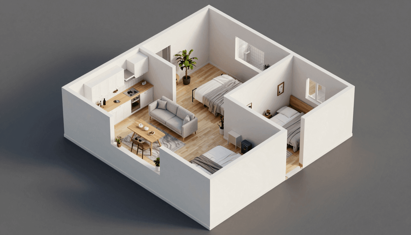 3D-Rundgang einer Wohnung in Dollhouse-Ansicht von oben