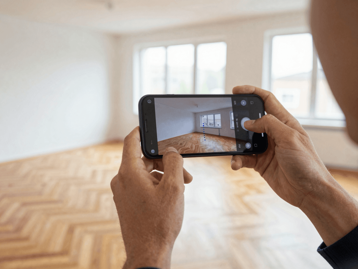 Hand mit Smartphone nimmt 360-Grad-Panorama in einer leeren Wohnung auf