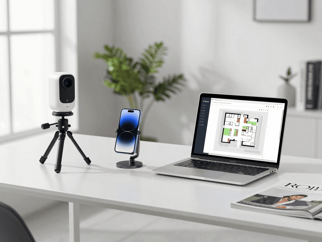 Drei Lösungen für 3D-Rundgänge im Vergleich: Matterport-Kamera, Smartphone-Gimbal und Laptop