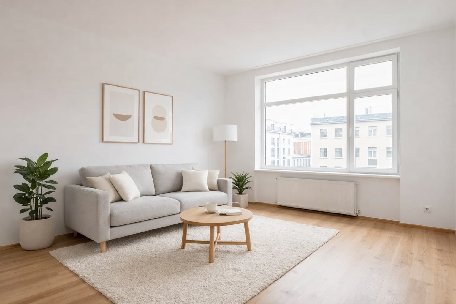Dasselbe Wohnzimmer nach dem virtuellen KI-Staging mit ImmoStage (Nachher)