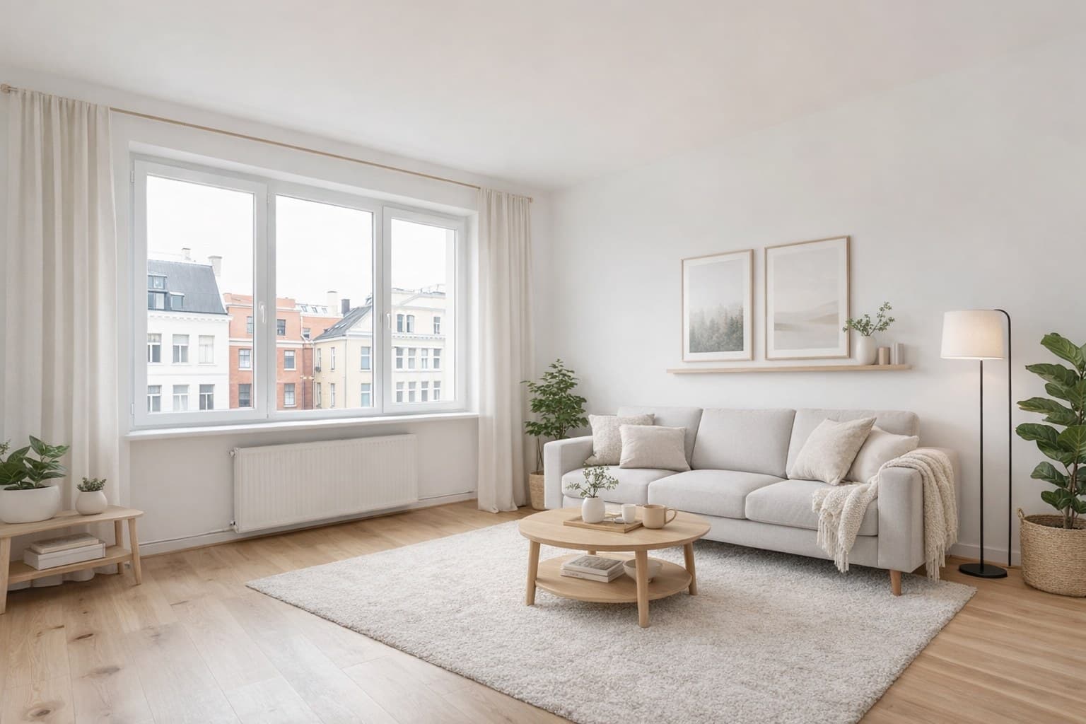 Virtuell eingerichtetes Wohnzimmer nach dem Staging mit ImmoStage — DSGVO-konforme Alternative zu Apply Design