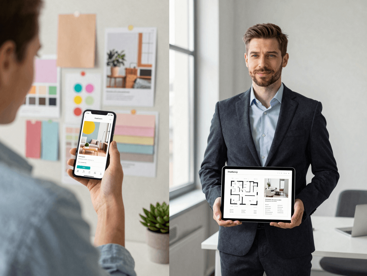 HomeDesigns.ai (Konsumenten-Mood-Board) vs. ImmoStage (DACH-Maklerwerkzeug) — zwei verschiedene Produkte