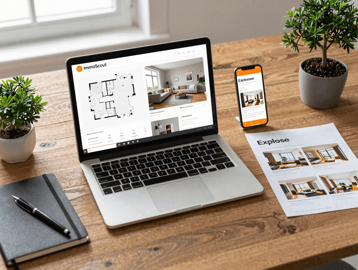 DACH-Maklerwerkzeug-Schreibtisch mit Floorplan, Exposé und Staging-Bild — was bei HomeDesigns.ai fehlt