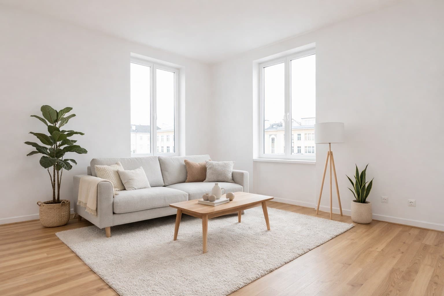 Virtuell eingerichtetes Wohnzimmer nach KI-Staging mit ImmoStage — kostengünstige Alternative zu physischem Staging