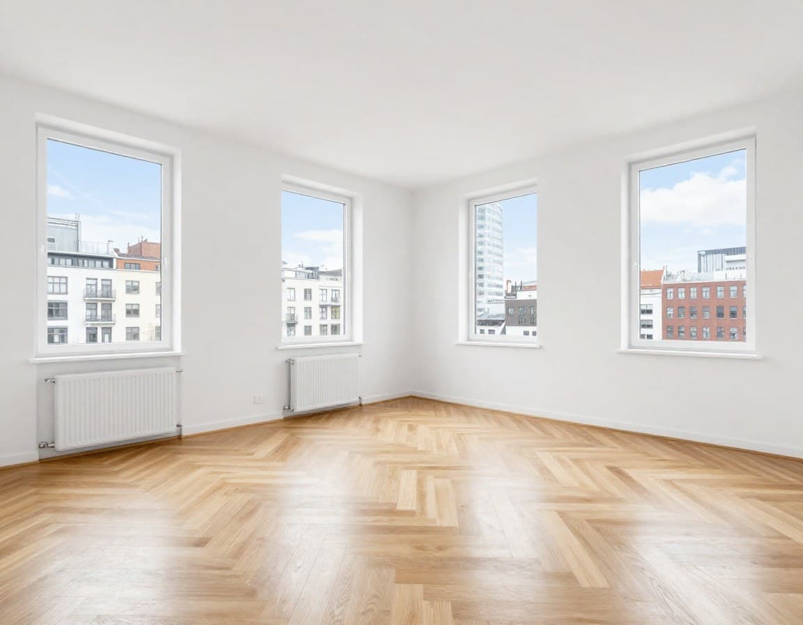 Virtuelles Home Staging — helles Wohnzimmer in einer europäischen Stadtwohnung mit natürlichem Licht