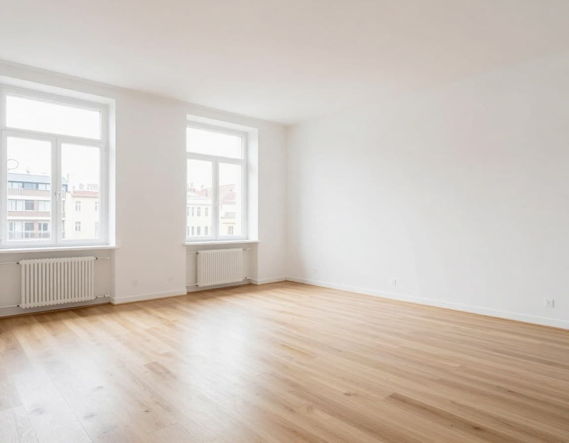 Leeres Wohnzimmer vor virtuellem Home Staging — europäische Stadtwohnung ohne Möbel