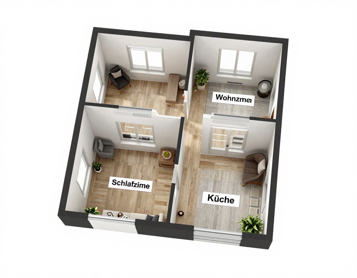 3D-Grundriss Software Test — Beispiel eines professionell gerenderten 3D-Grundrisses einer europäischen Dreizimmerwohnung