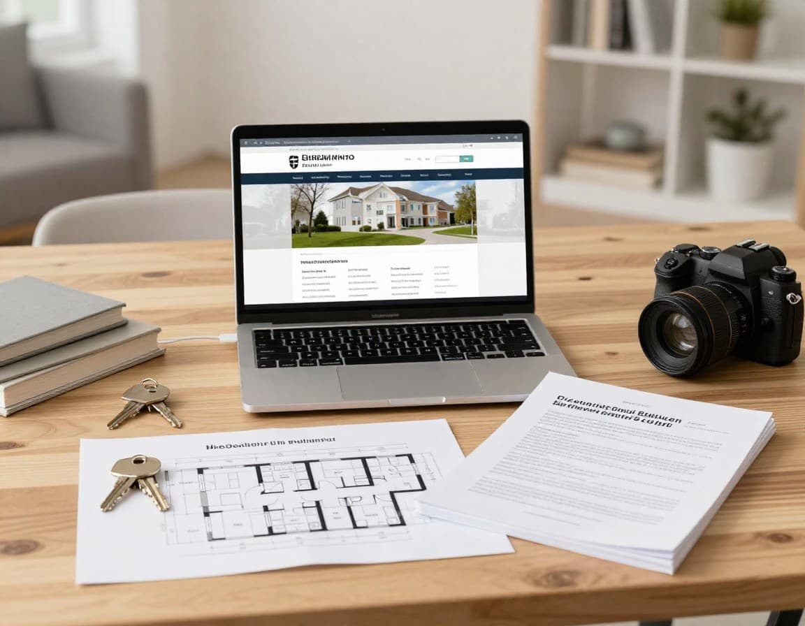 Ohne Makler Tools Bewertung — Arbeitsplatz für den Privatverkauf mit Laptop, Grundriss und Kamera