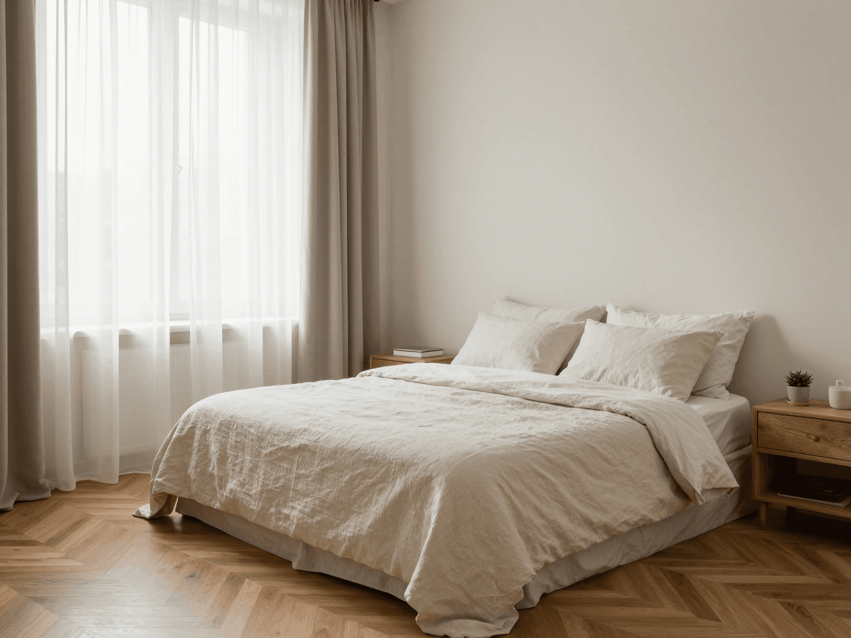 Helles Schlafzimmer in einer Eigentumswohnung mit Eichenparkett und Tageslicht