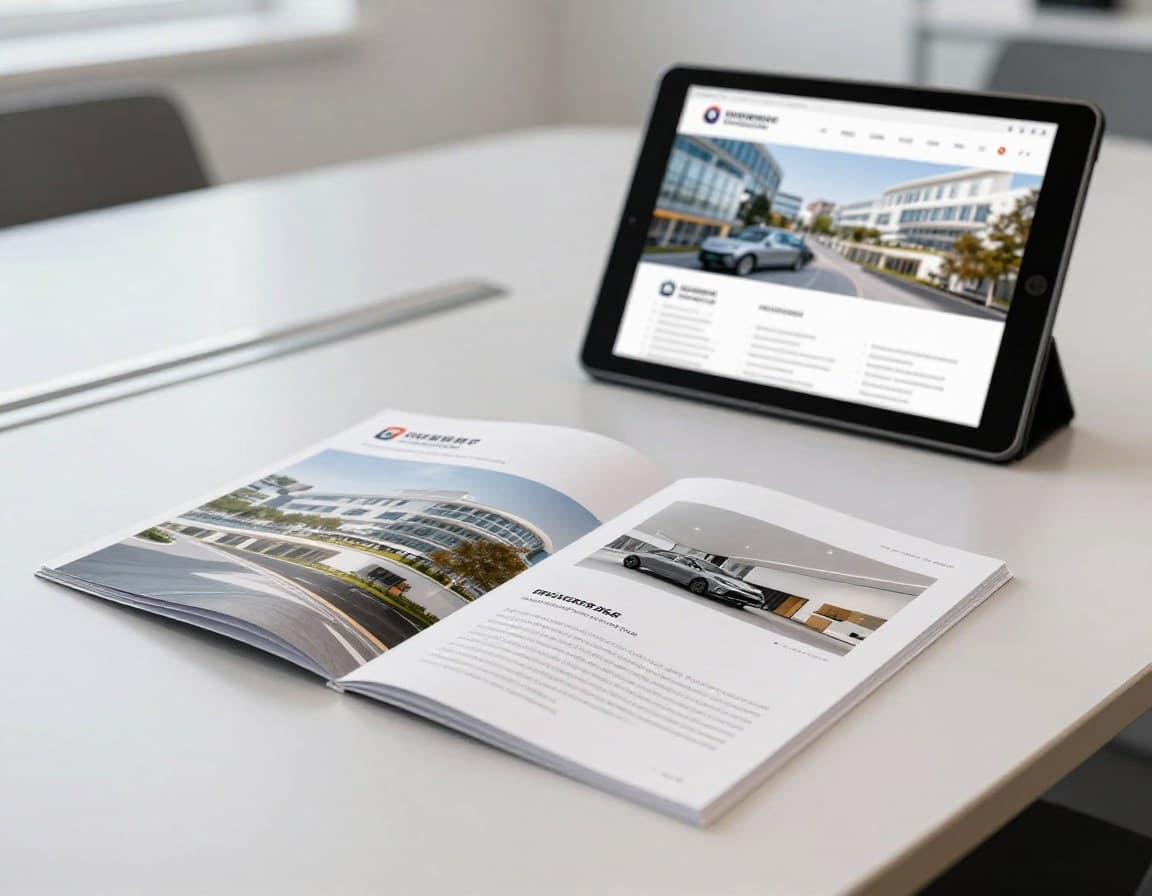 Fertiges Immobilien-Exposé als PDF auf Tablet und gedruckt auf Konferenztisch