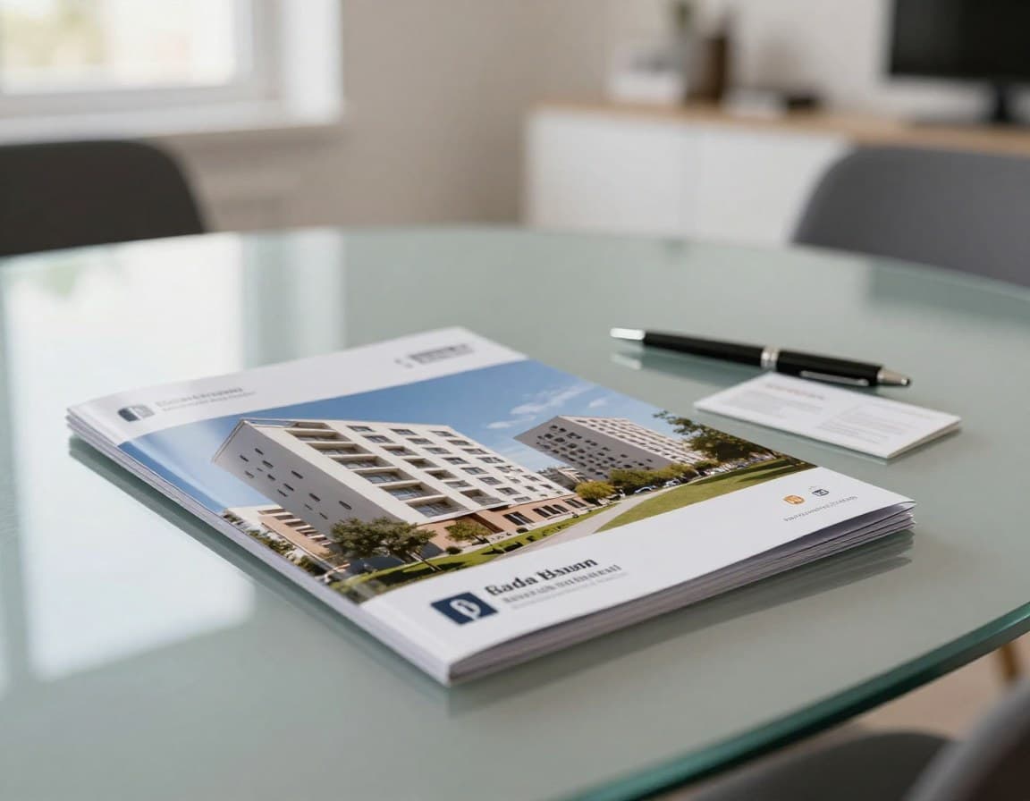 Gedrucktes professionelles Immobilien-Exposé auf einem Konferenztisch