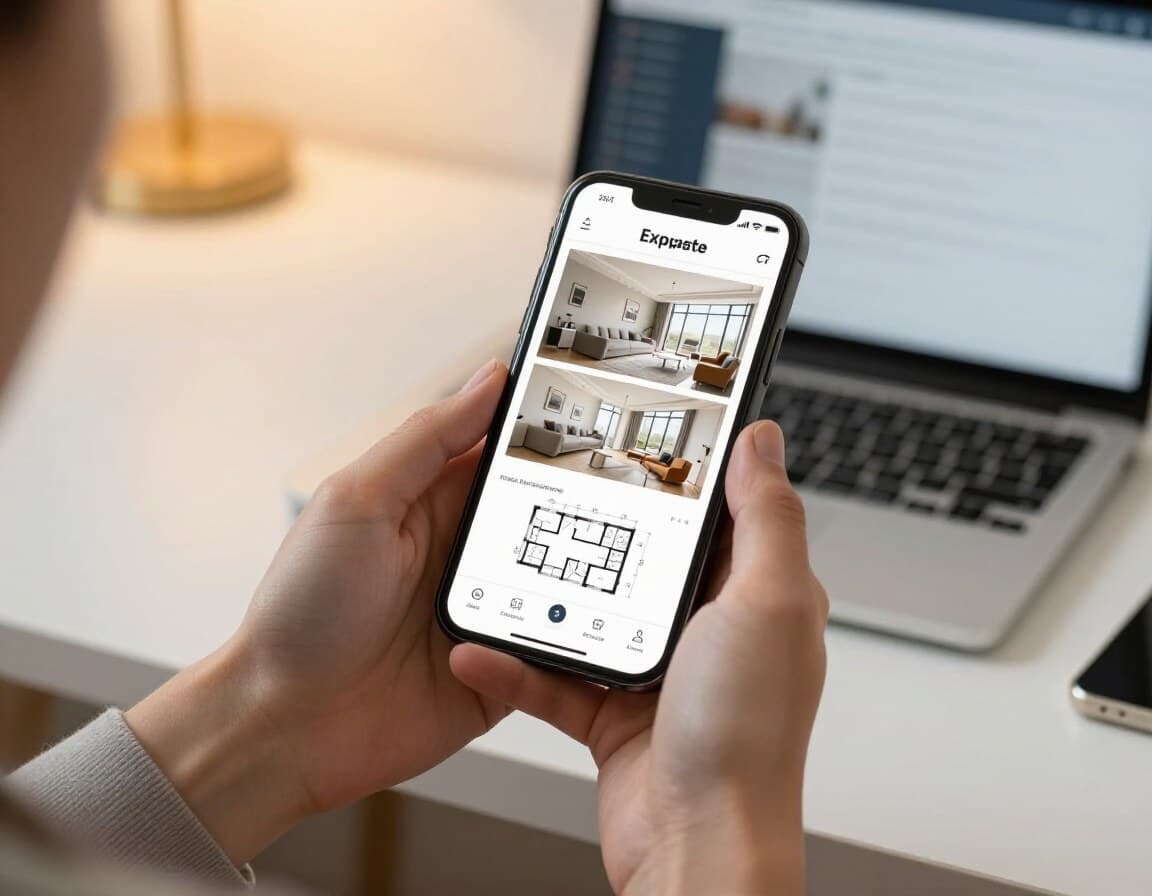 Immobilienmakler nutzt Exposé-App auf dem Smartphone mit gestageten Fotos
