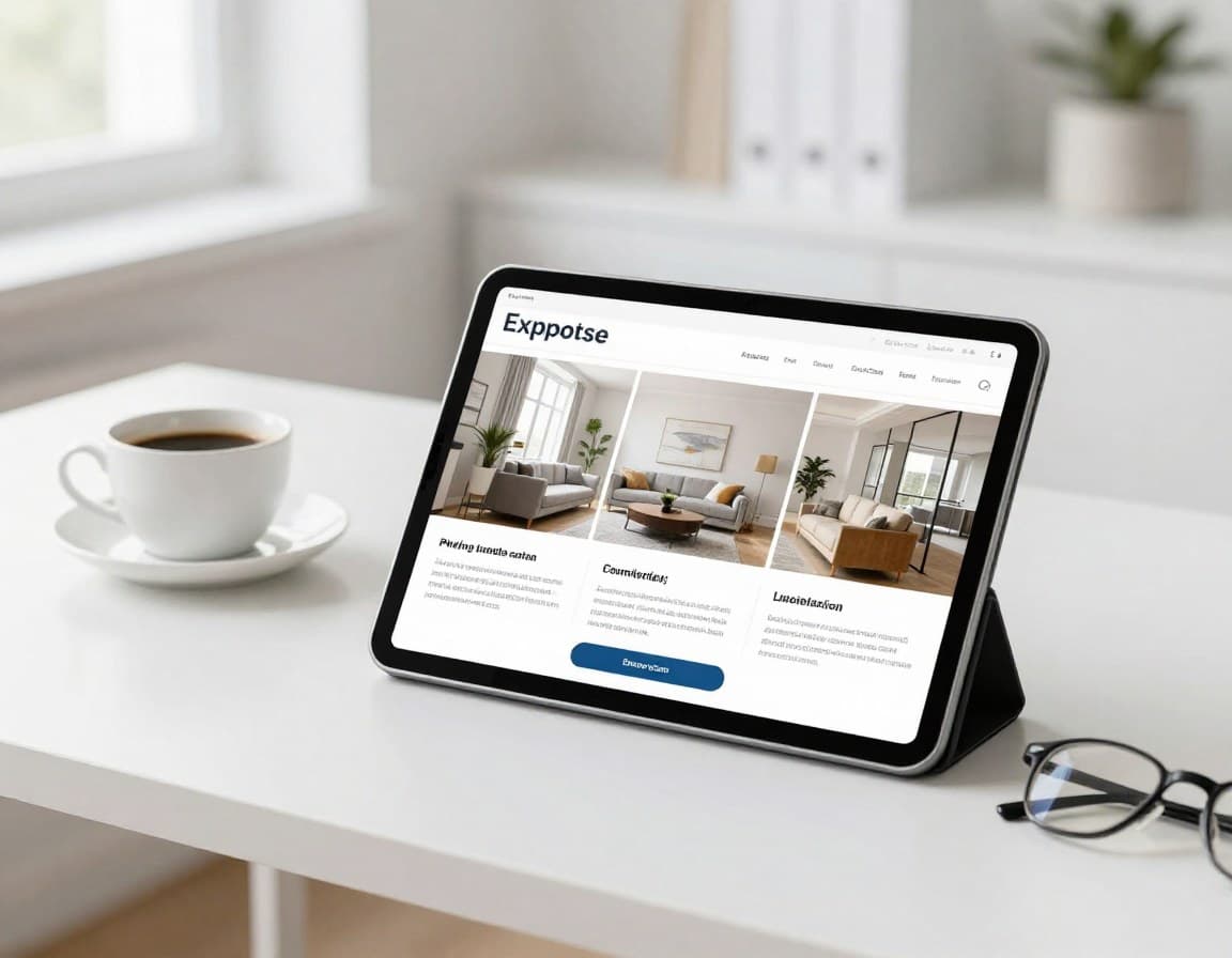 Fertiges Immobilien-Exposé-PDF auf Tablet mit gestageten Fotos und Grundriss