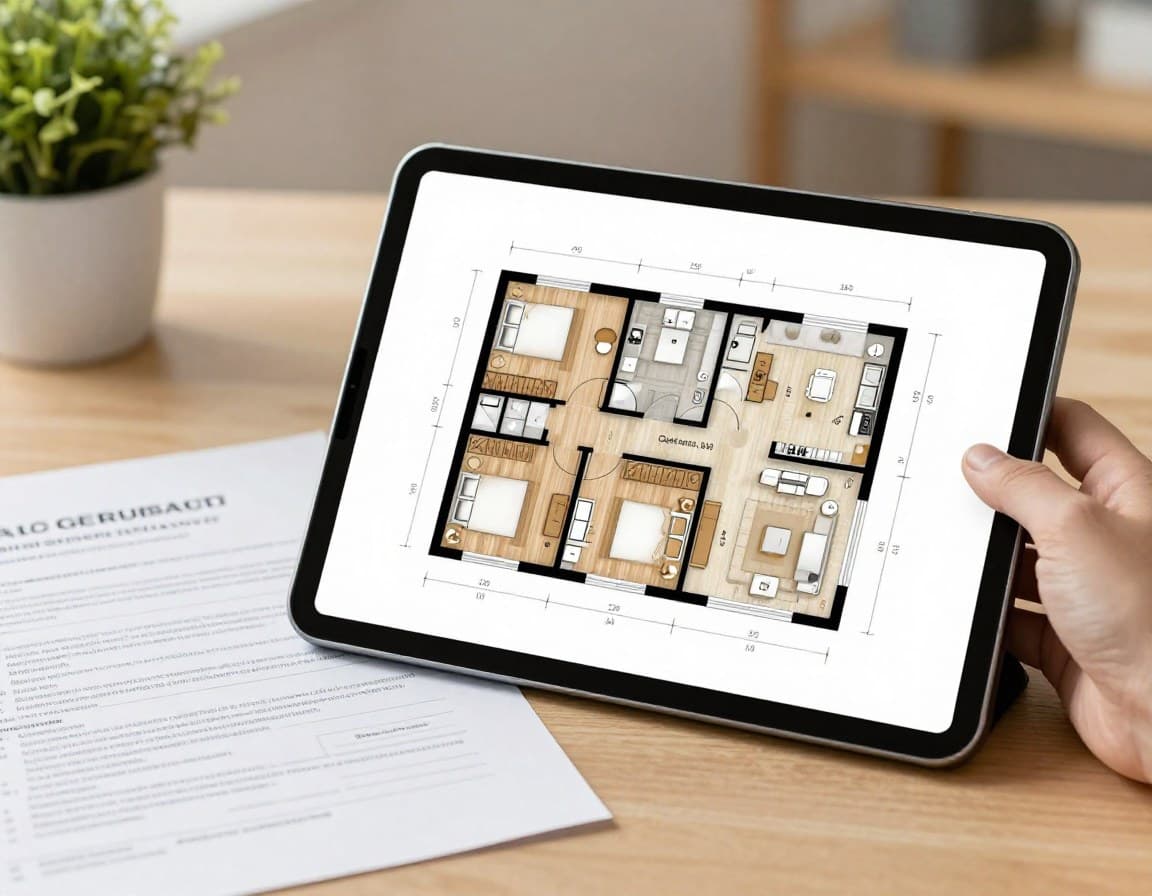 Grundriss einer deutschen 3-Zimmer-Wohnung auf einem Tablet