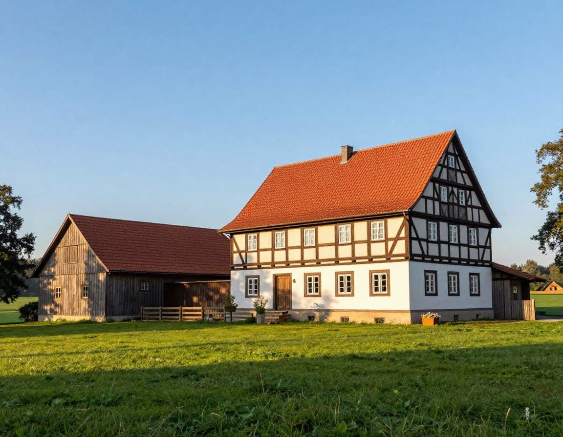 Traditionelles deutsches Bauernhaus mit Scheune und Nebengebäuden — Exposé-Titelseite