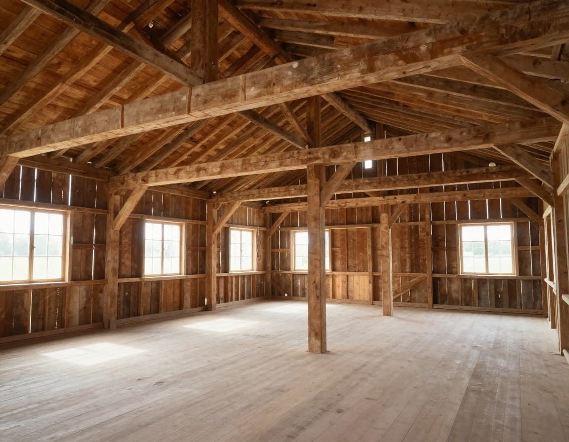 Innenansicht eines leeren Nebengebäudes auf einem Bauernhof — Holzbalken und Naturstein als Renovierungspotenzial