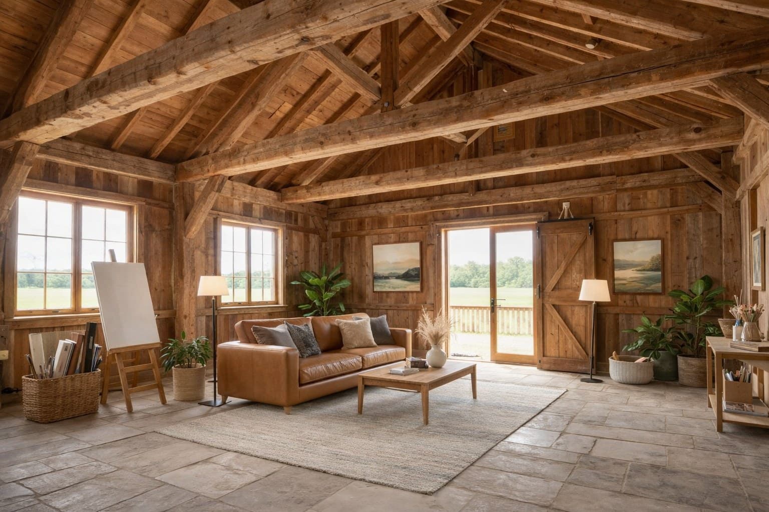 Scheune nach virtuellem Staging — als modernes Wohn-Atelier mit Landhausmöbeln eingerichtet