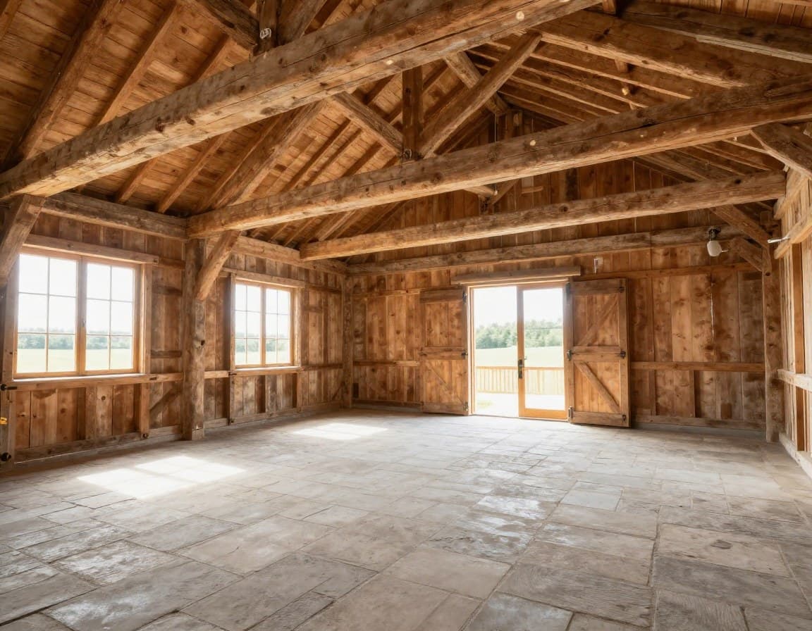 Leere Scheune vor virtuellem Staging — kahler Betonboden, offene Balken, ungenutztes Potenzial