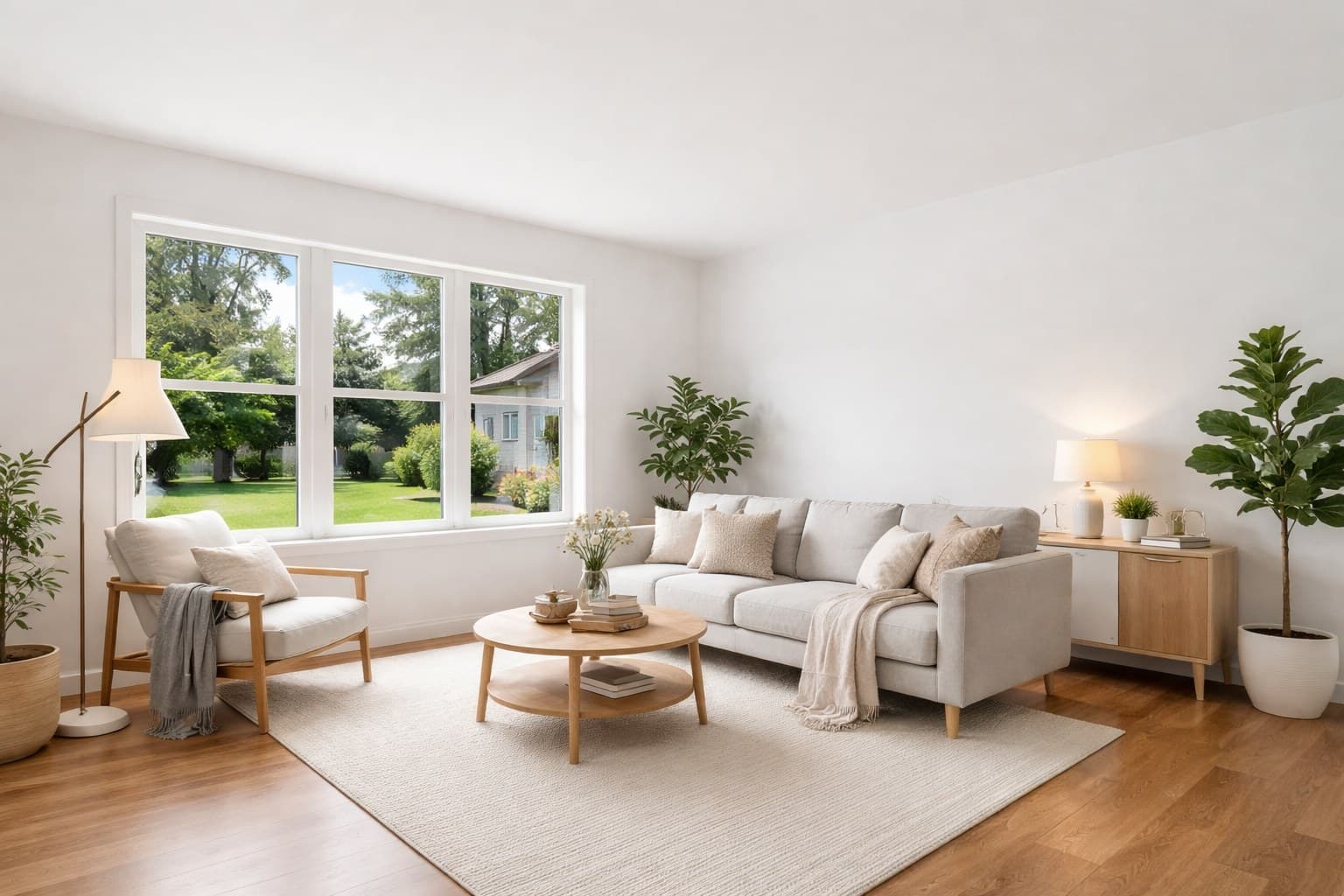 Bungalow-Wohnzimmer nach virtuellem Staging — skandinavische Einrichtung mit Sofa, Couchtisch und Pflanzen