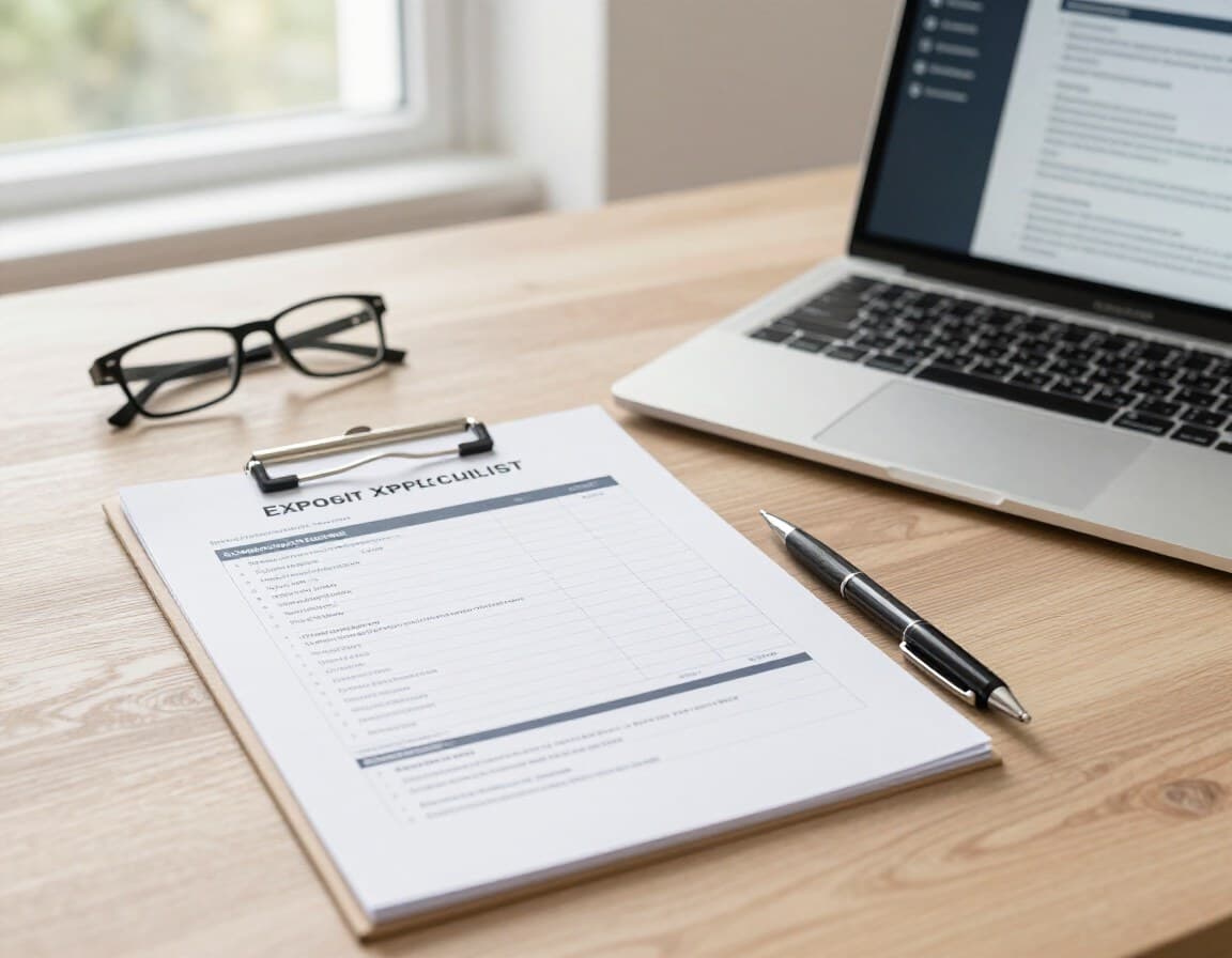 Immobilien-Exposé-Checkliste auf einem Makler-Schreibtisch mit Laptop