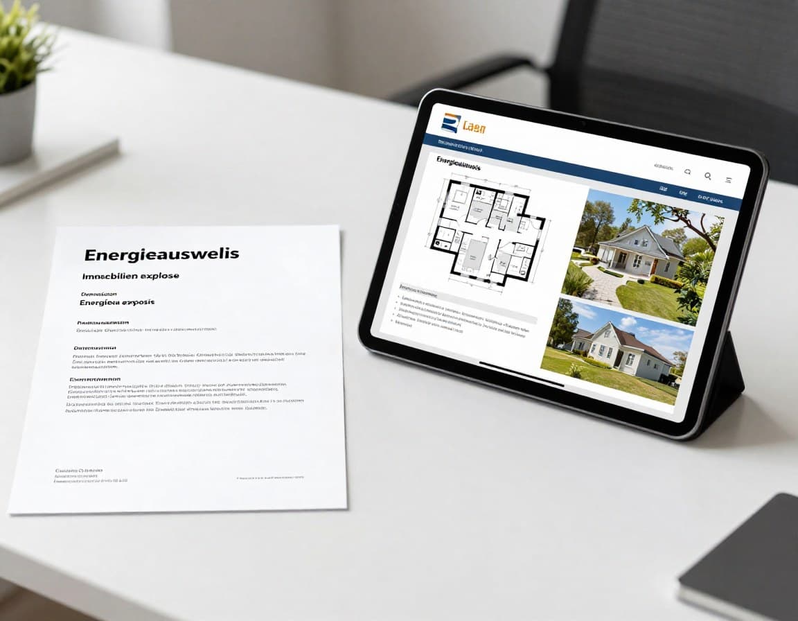 Energieausweis und Immobilien-Exposé auf einem Tablet mit Grundriss