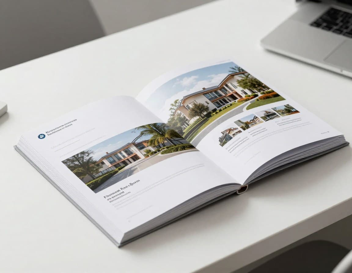 Stapel hochwertiger gedruckter Immobilien-Exposés auf einem Schreibtisch mit Premium-Papier