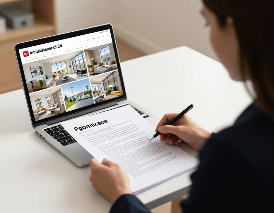 Estate agent creating a professional property listing at a desk with high-quality photos and a laptop