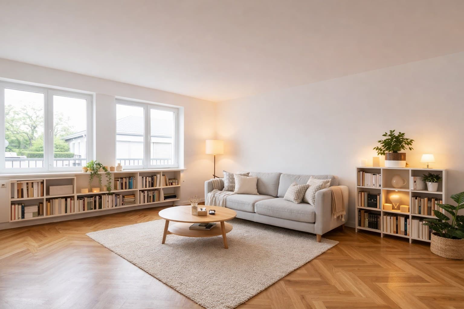 Professionally furnished living room after virtual staging with ImmoStage AI