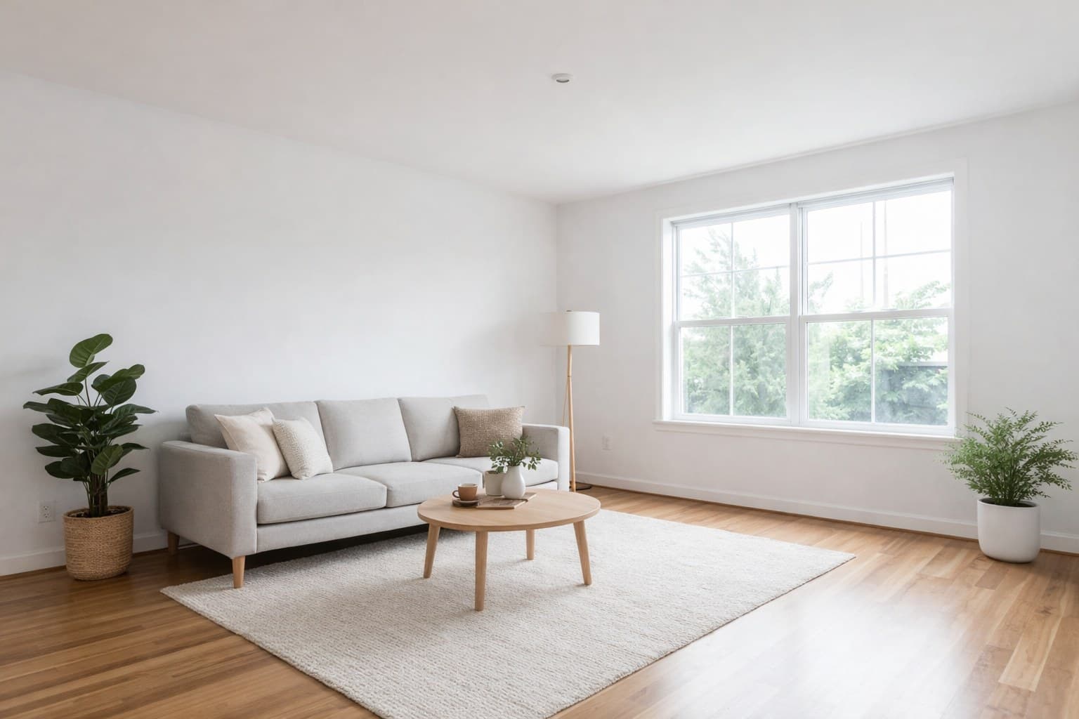 Professionell gestuftes Wohnzimmer mit modernem Skandinavischem Stil für das Exposé