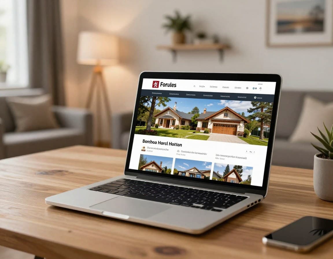 Laptop zeigt professionelles Ferienimmobilien-Exposé mit hochwertigen Fotos auf Buchungsportal