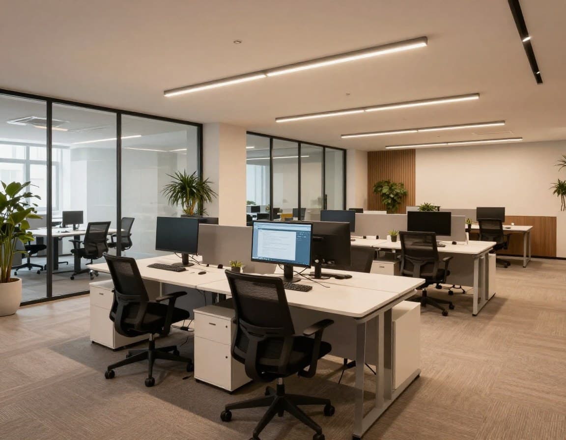 Bürofläche mit Virtual Staging — modern eingerichtetes Open-Plan-Büro