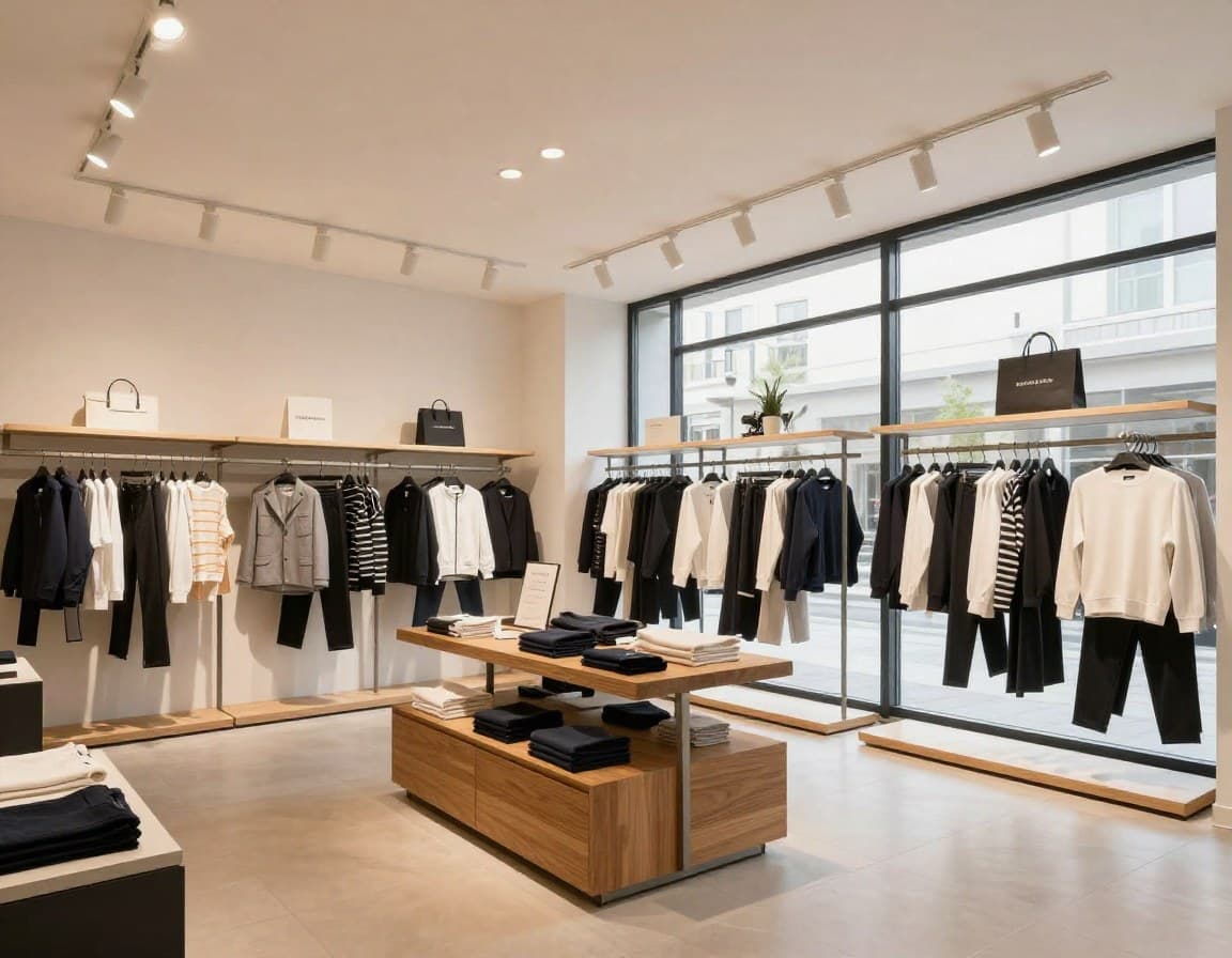 Ladenfläche mit Virtual Staging — Boutique mit Warenauslage und Beleuchtung