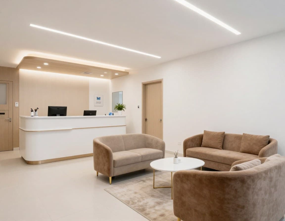Arztpraxis mit Virtual Staging — moderner Empfangsbereich mit Wartezone
