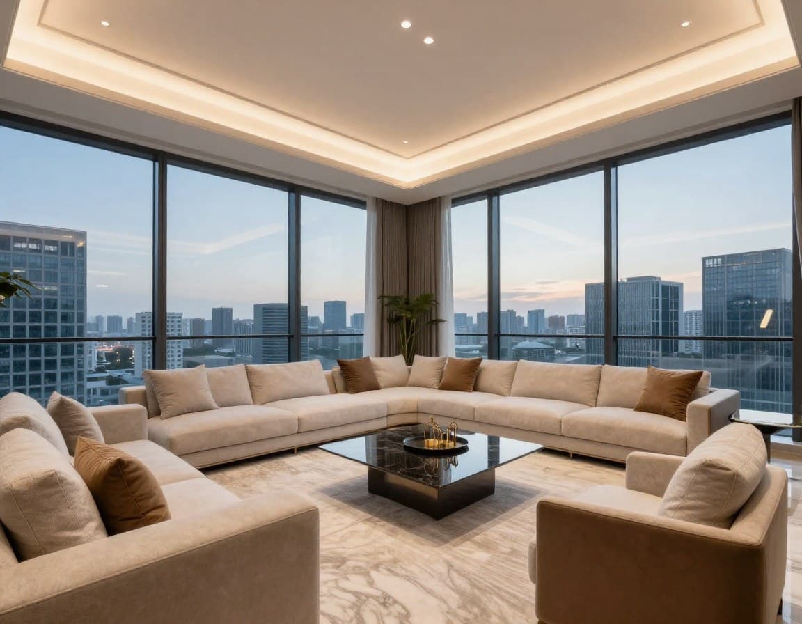 Luxuriöses Penthouse-Wohnzimmer mit Skyline-Blick für Immobilien-Exposé