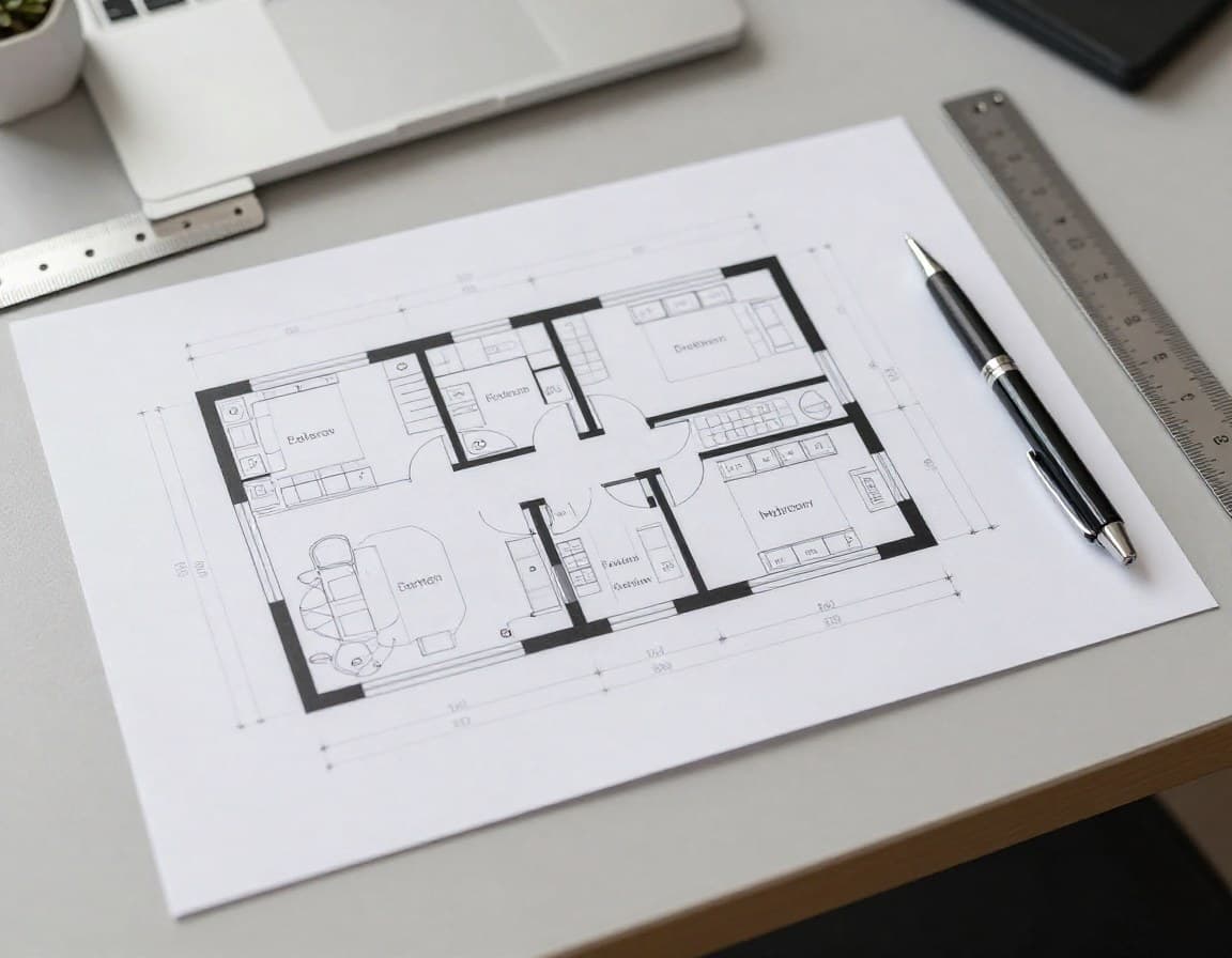Architektonischer Grundriss einer deutschen Wohnung auf dem Schreibtisch