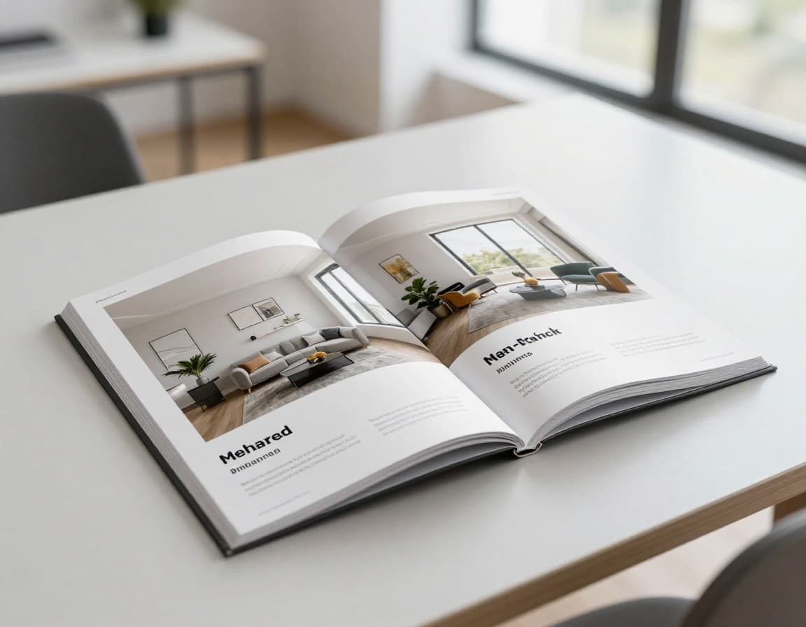 Professionelles Immobilienexposé mit gestagten Fotos auf einem Schreibtisch