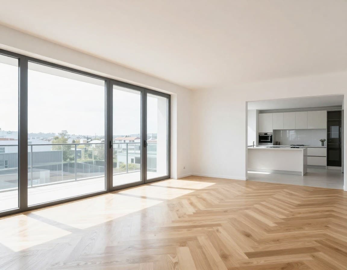 Leere Neubauwohnung — heller Raum mit weißen Wänden und Parkettboden ohne Möbel