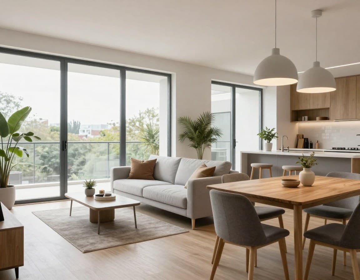Neubauwohnung mit Virtual Staging — modernes Wohnzimmer virtuell eingerichtet