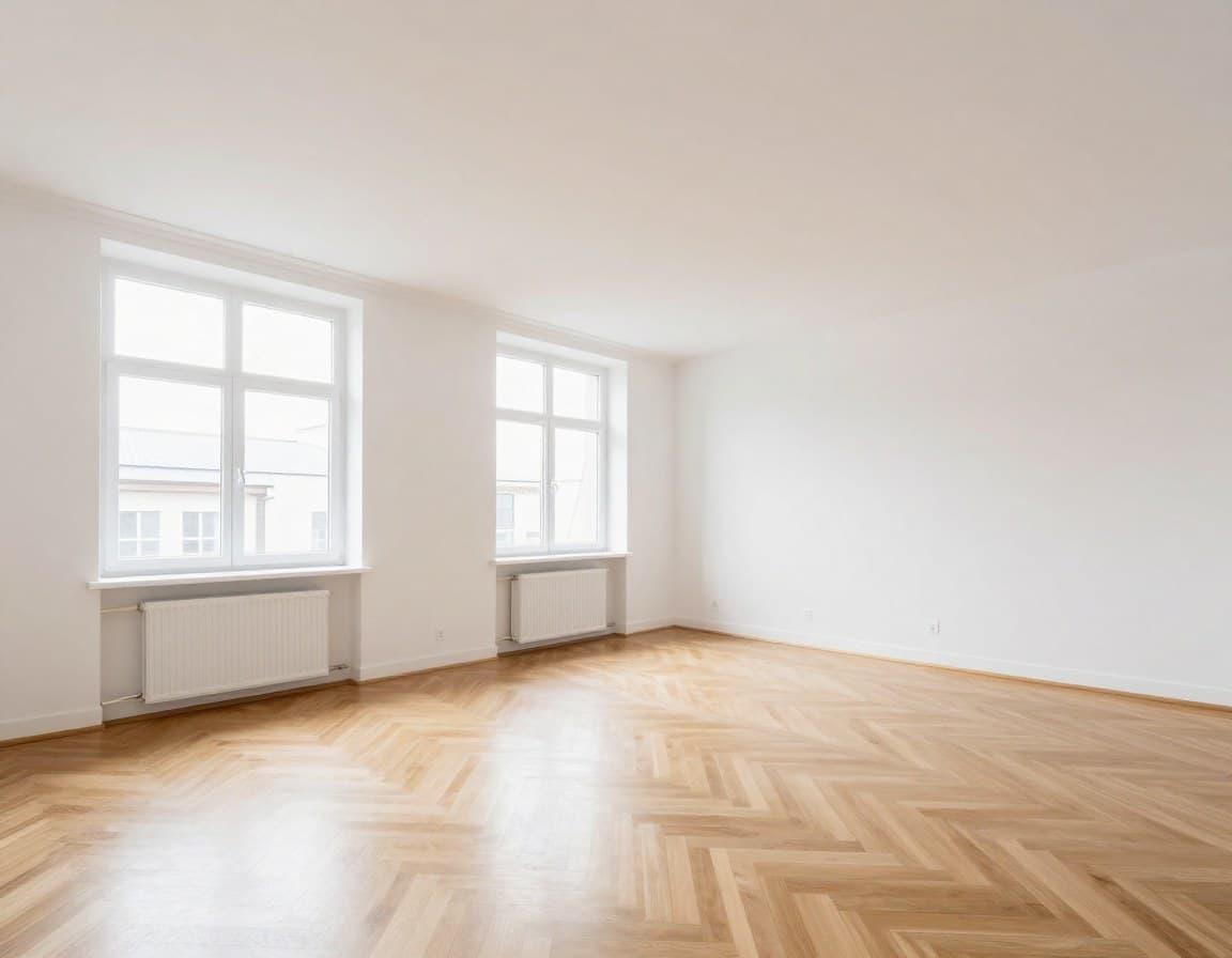 Helle leere Mietwohnung in deutschem Altbau mit großen Fenstern, bereit für die Vermietung