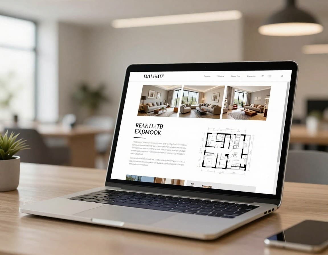 Professionelles Immobilien-Expose auf Laptop-Bildschirm in modernem Maklerbüro