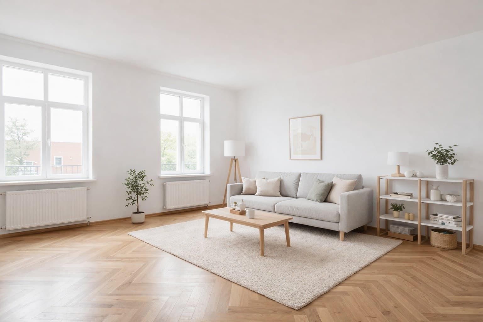 Dasselbe Wohnzimmer mit KI-Virtual-Staging — professionelles Expose-Bild